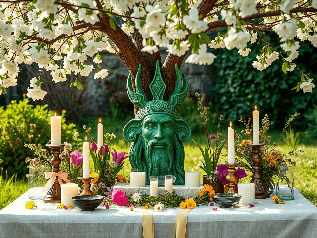 Beltane Festival altar featuring candles, wildflowers, and a Green Man mask