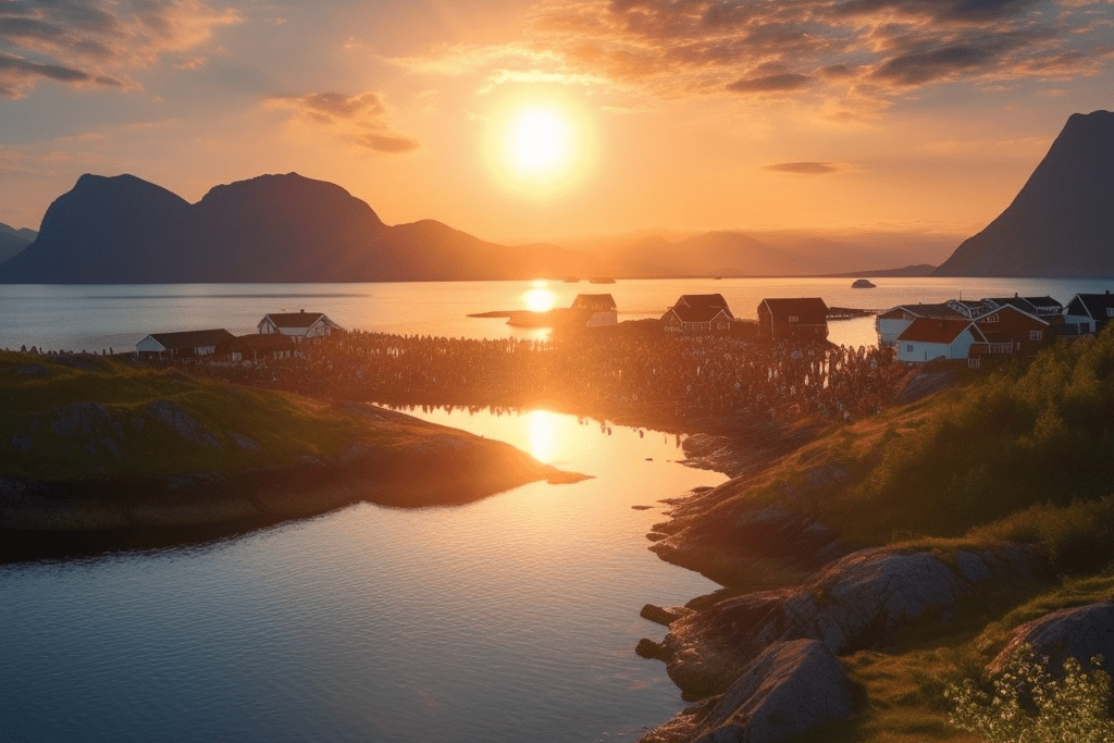 Midnight sun summer solstice celebrations in Scandinavia illustrationg global solstice tradtions and ancient solstice rituals