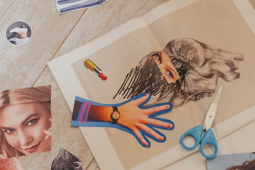 picture cutouts and an open book