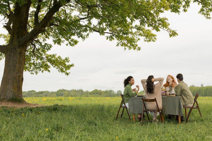 a group of friends having conversation under the green tree for Lughnasadh, first harvest, abundance festivals, to celebrate harvest and honor seasonal traditions