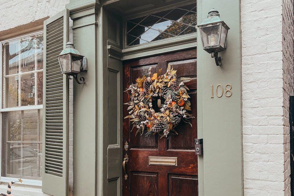 autumn wreath on door, evoking: Mabon wreath, autumn equinox craft, seasonal wreath symbolism, harvest celebration decor, and DIY fall wreath