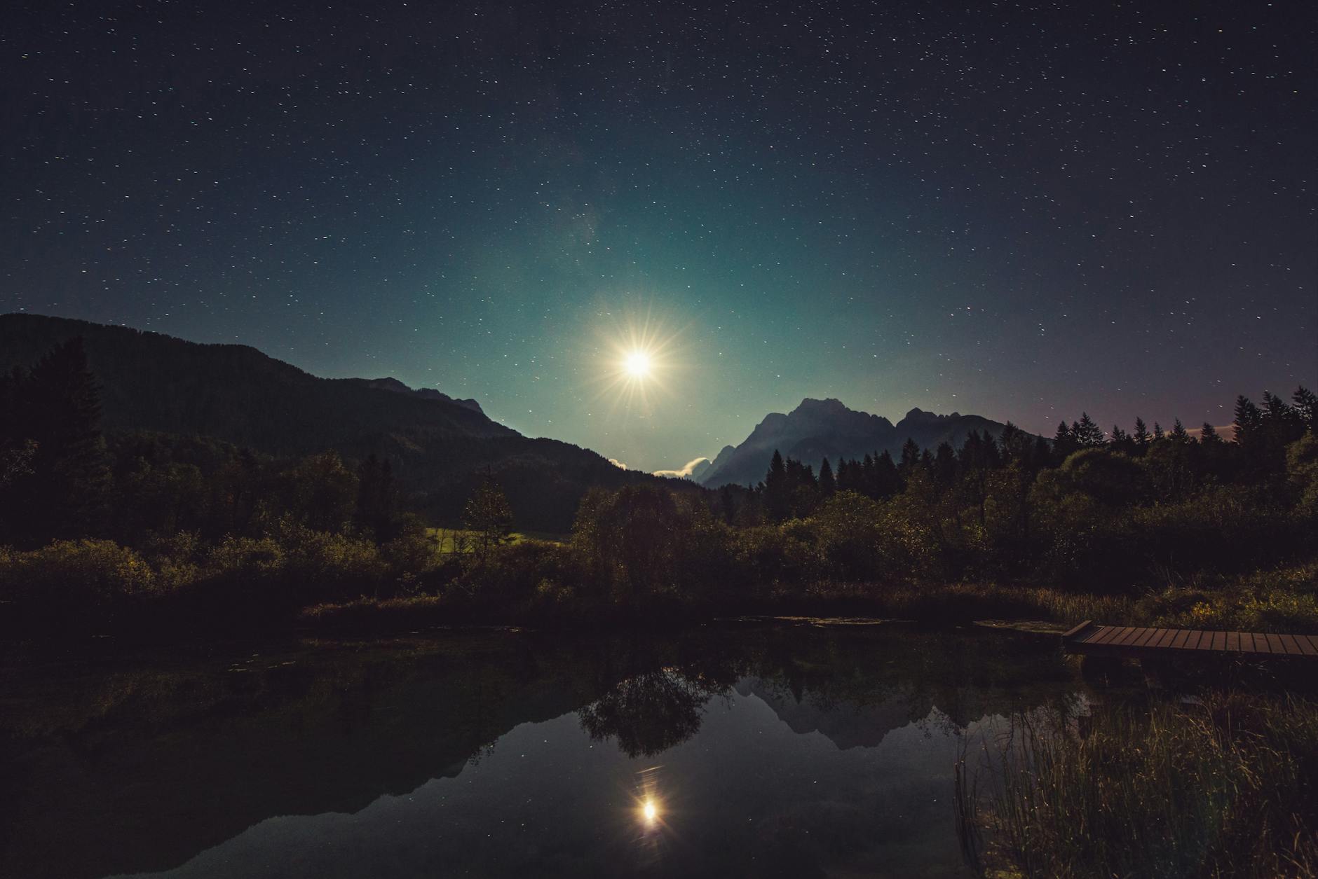 photo of lake with bright moon, illustrating: rare lunar phenomena, eclipse rituals, eclipse meaning, moon spiritual significance, and moon rituals