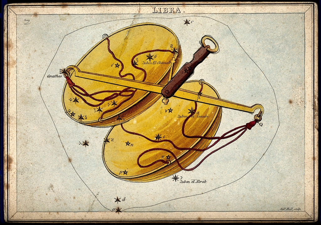 Astrology: signs zodiac, Libra. Coloured, illustrating: Libra, the Autumn Equinox, balance, harmony, and Hellenistic Astrology