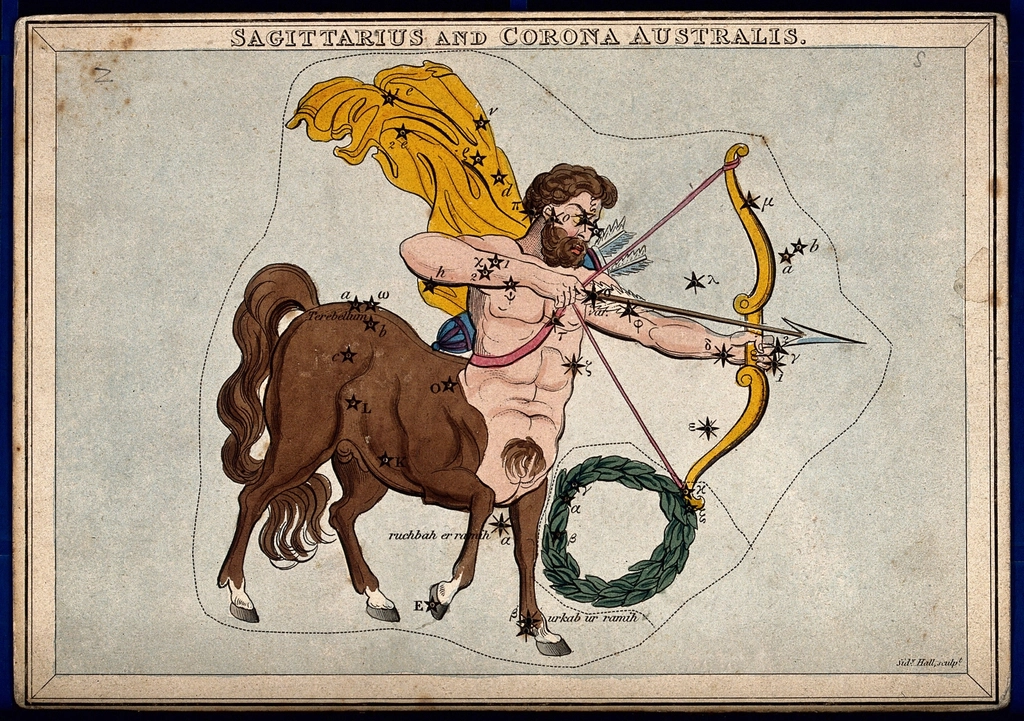 Astrology: signs zodiac, Sagittarius. Coloured, evoking: lost wisdom of the zodiac, Hellenistic astrology, and ancient astrology