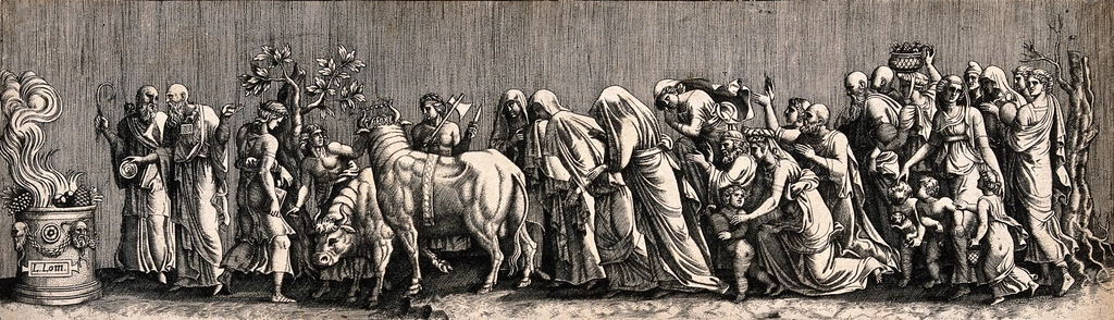 pagan sacrifice. Engraving L. Lombard, illustrating: the universally sacred, Wheel of the Year, holy days, global perspective, and seasonal festivals