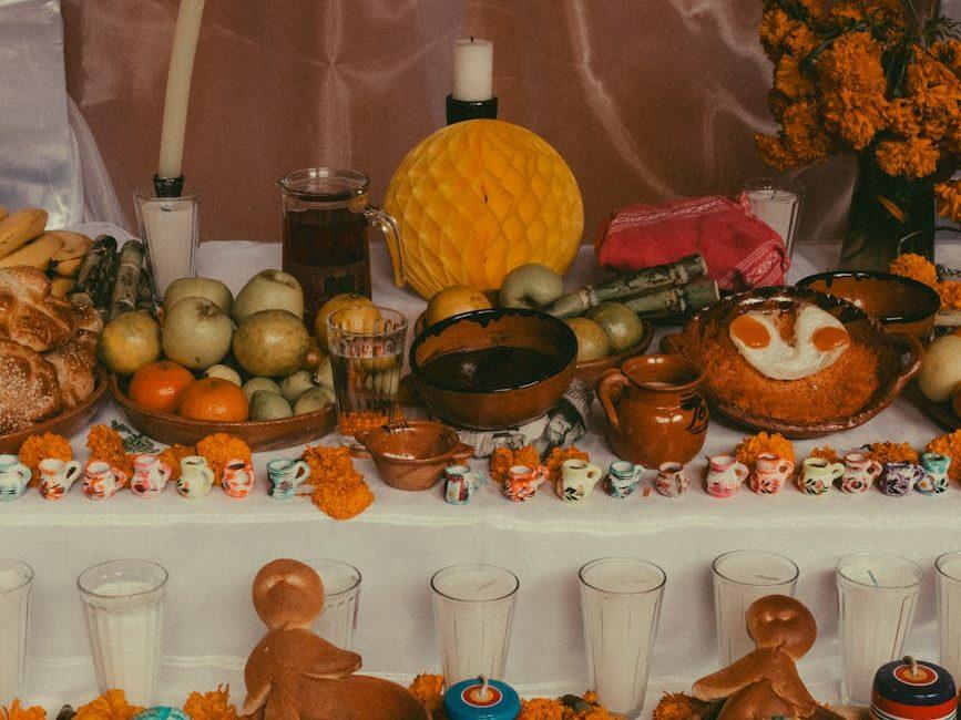 fruits and decorations for dia de muertos, evoking: natural cycles, Wheel of the Year, seasonal traditions, Sabbats, and holidays.