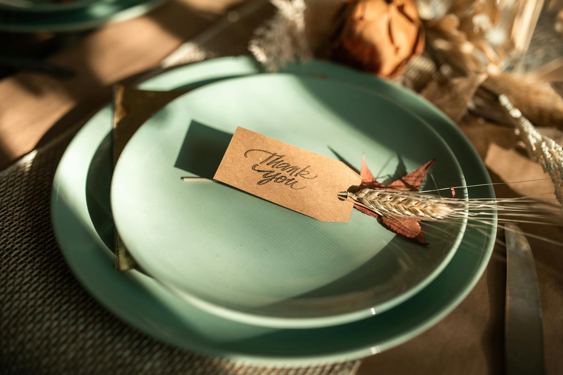 white and brown card on green ceramic round plate