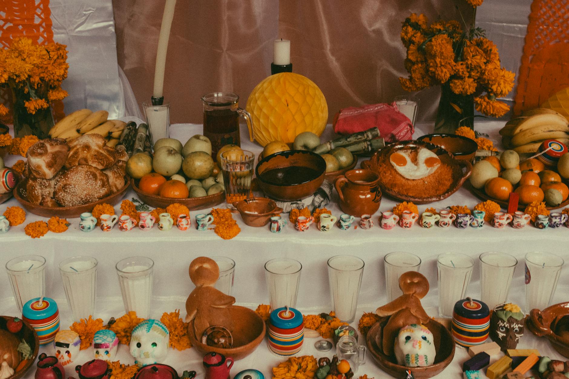 decorations and fruits on altar for dia de muertos in mexico