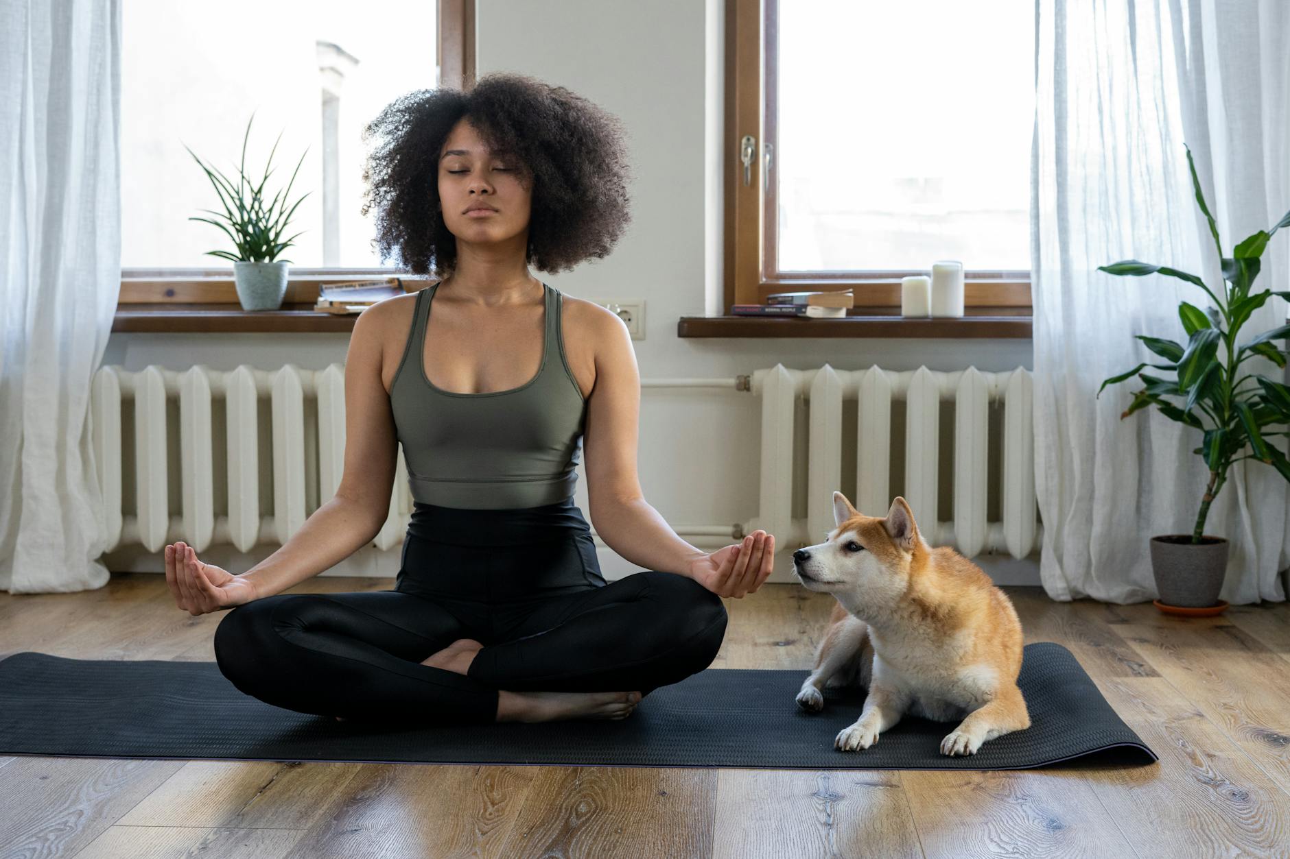woman doing yoga beside her dog, illustrating: alchemy, transforming hardship, gratitude, abundance, and resilience 