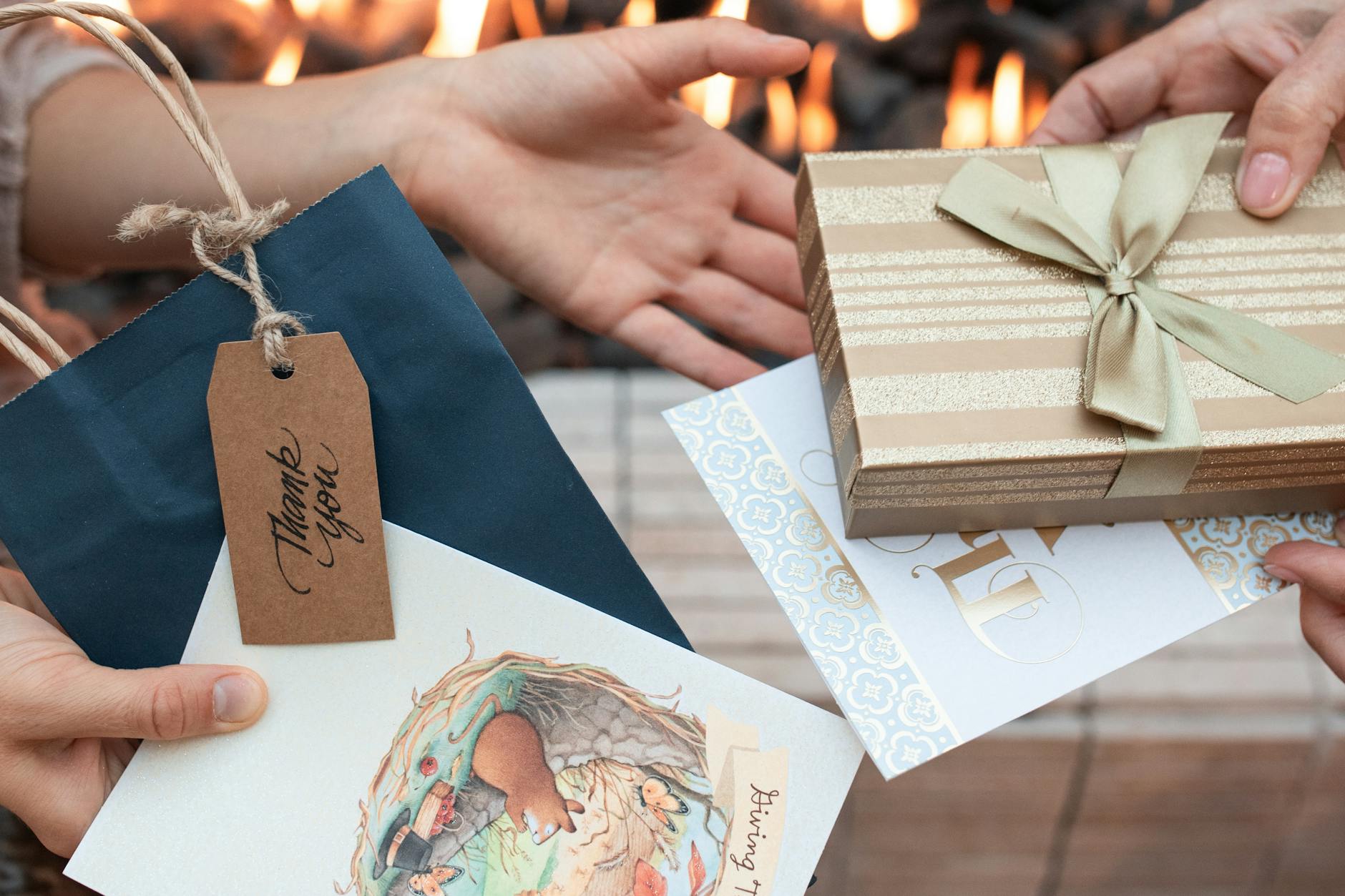 people exchanging gifts, evoking: Thanksgiving, gratitude, cultural traditions, global, and giving thanks