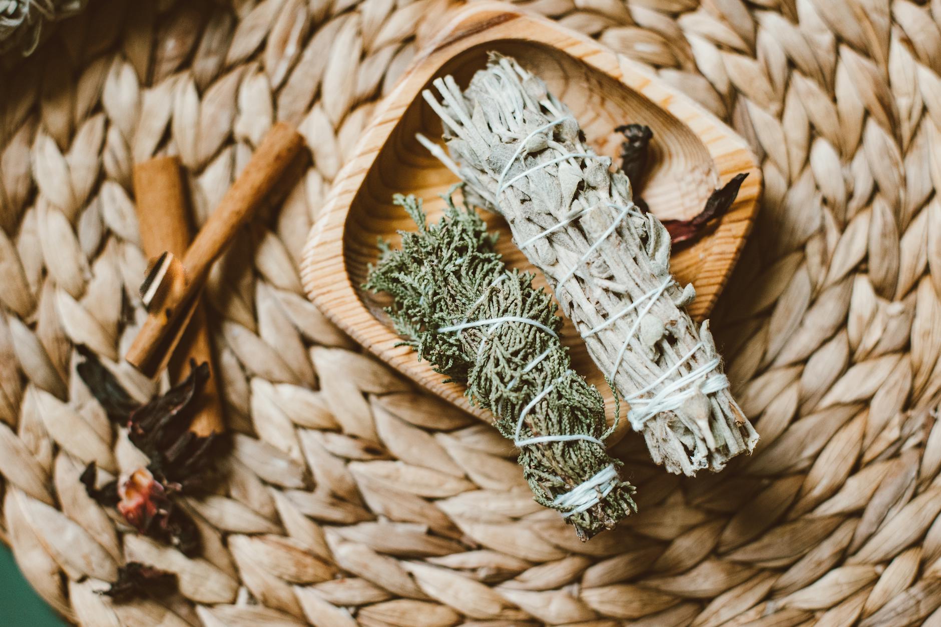 top view of herbal incense on braided mat