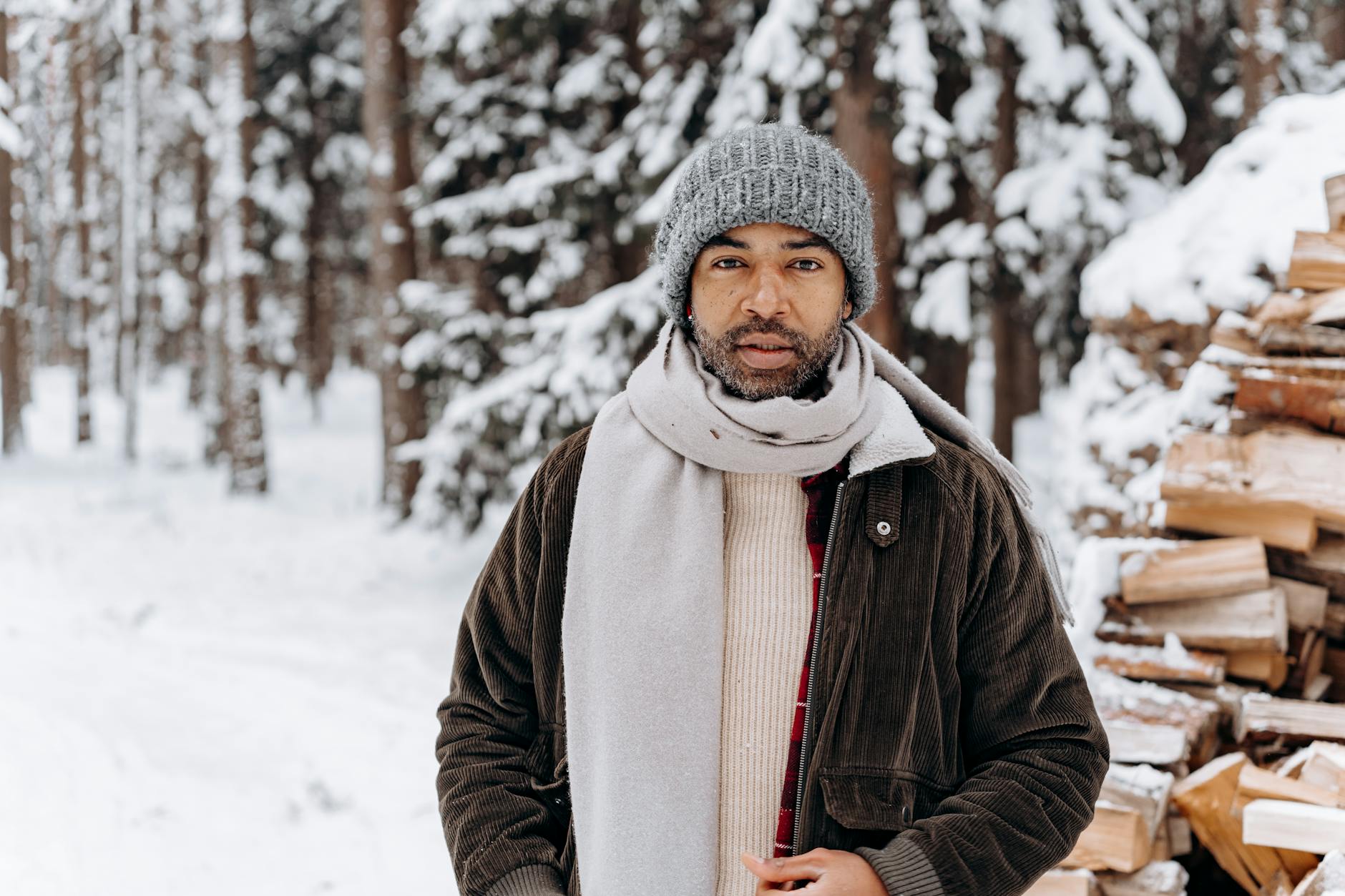man in brown corduroy jacket and knitted cap, evoking: Capricorn, winter solstice, zodiac, astrological sign, and the solar cycle