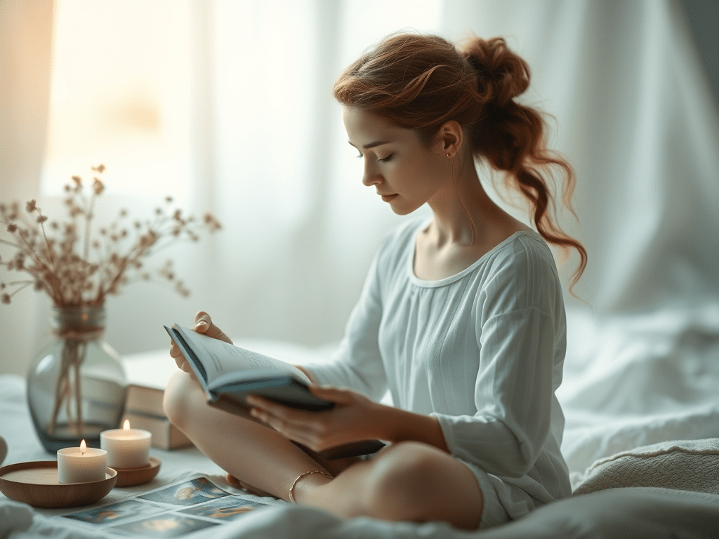 Woman reading, illustrating: Pisces energy, total dissolution, return of light, Pisces zodiac sign, and Pisces season