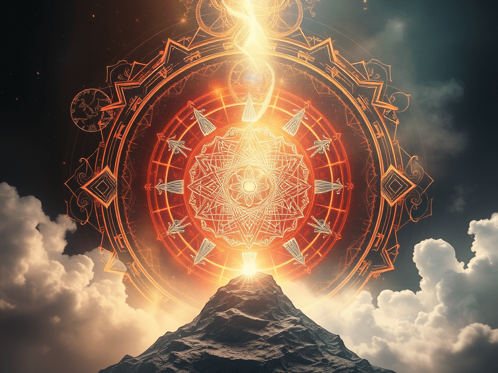 Beam of light shooting out from a mountain top with a cosmic chart in the background, evoking: astrology, natal chart, aspects, transits, and returns