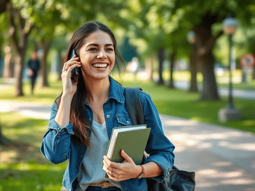 Woman chats on a phone, smiling while holding a journal in a park—signaling the enjoyment of discovering more about spiritual growth and personal development resources.