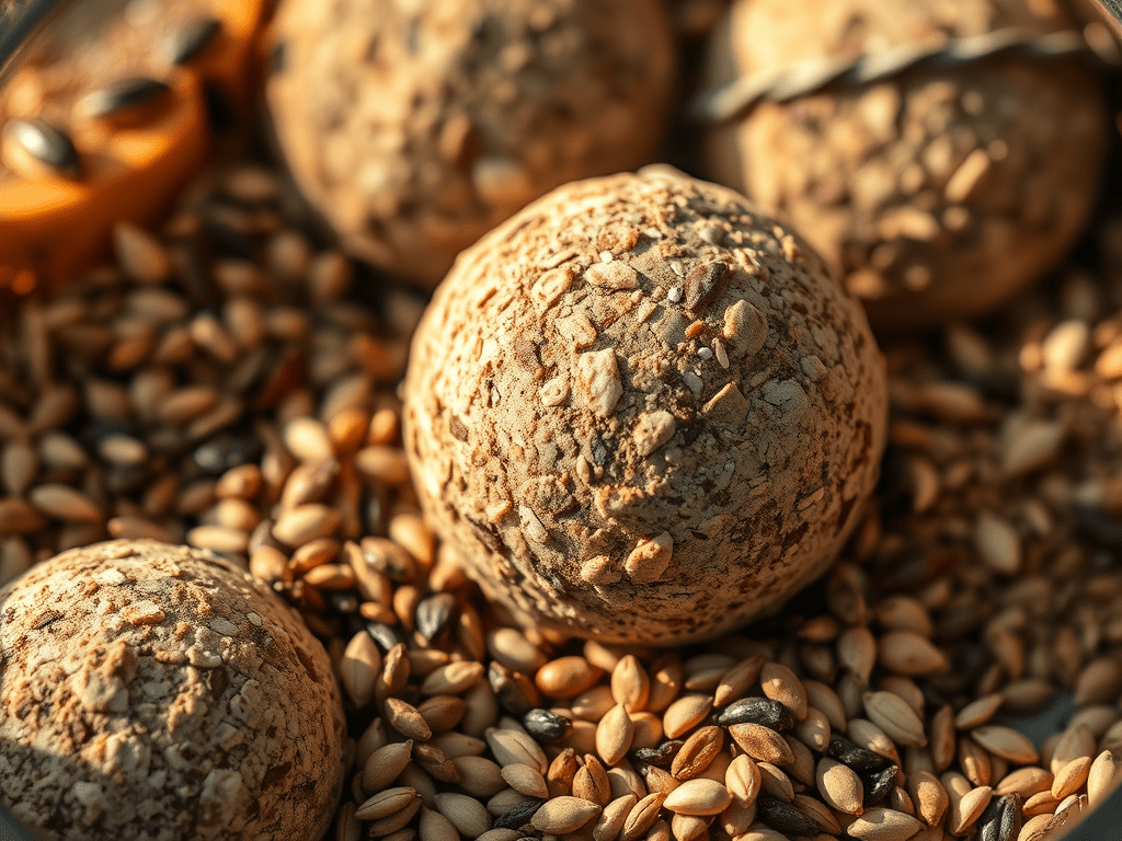 Ostara seed balls on a bed of seeds, evoking: Ostara, Spring Equinox, seed bombs, spring craft, and pollinator seed bombs