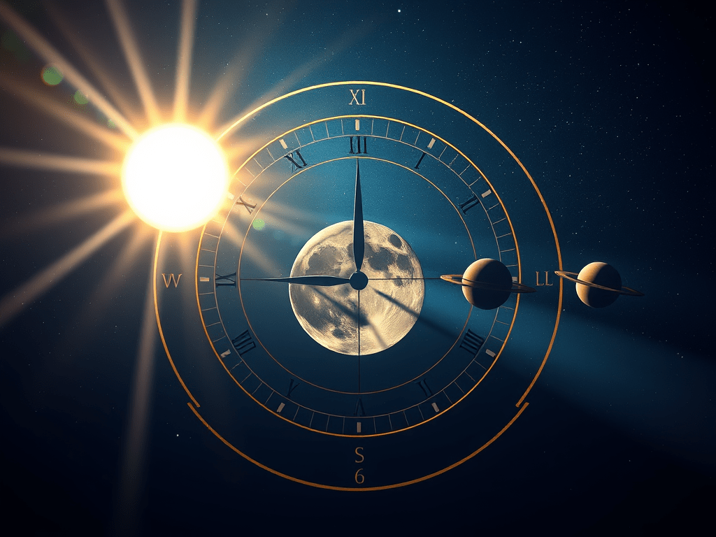 A cosmic clock with the sun, moon, and planets; evoking: astrology, planetary transits, zodiac signs, birth chart, and moon phases
