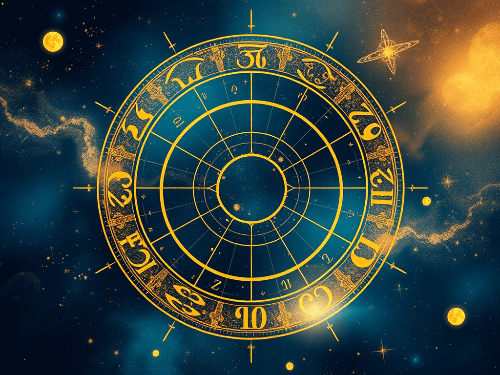 A chart in a cosmic scene, evoking: astrology, natal chart, aspects, transits, and returns