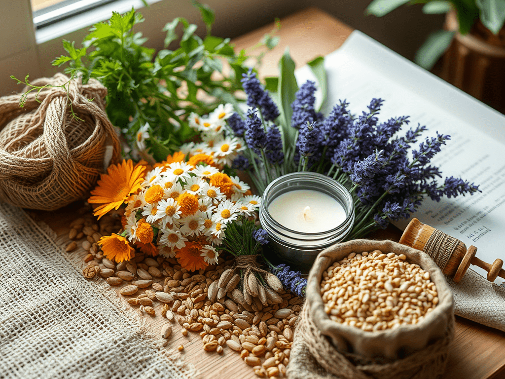 Flowers and seeds around a candle on a craft table, evoking: Ostara, Spring Equinox, seed bombs, spring craft, and pollinator seed bombs