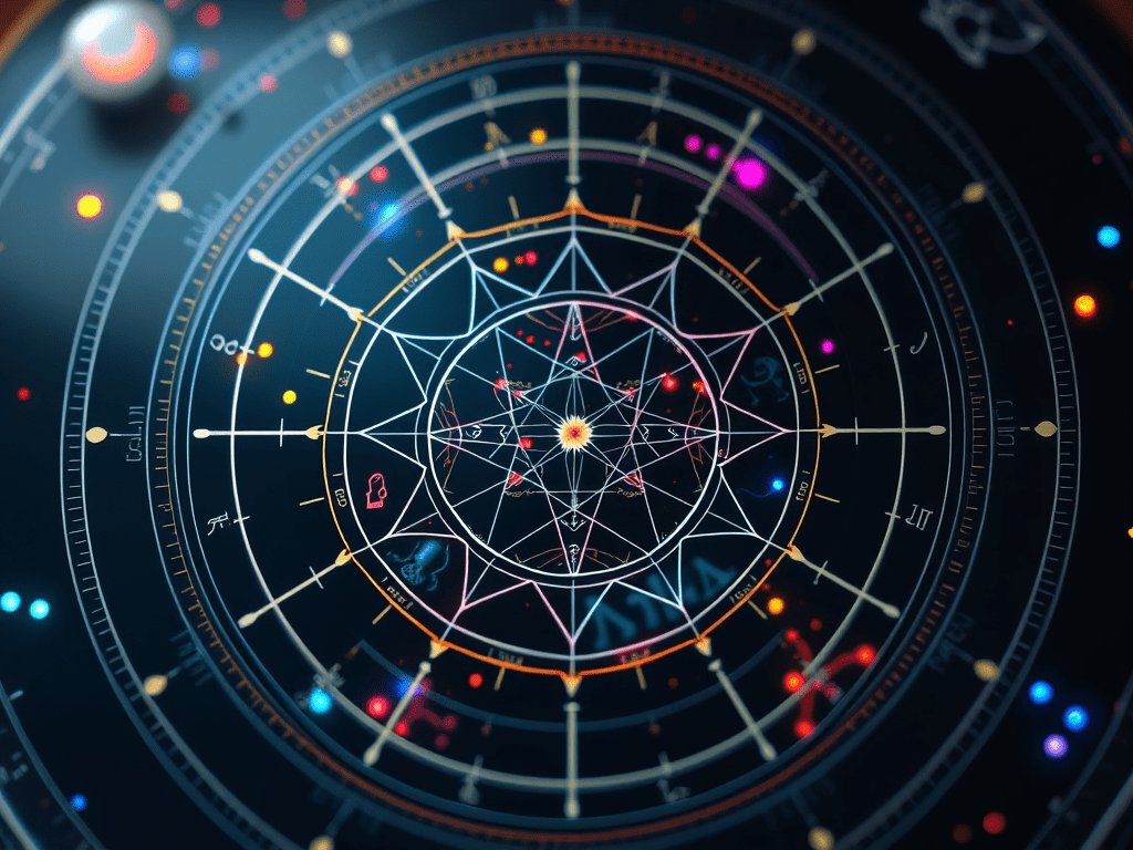 A dynamic chart with neon elements, evoking: astrology, natal chart, aspects, transits, and returns