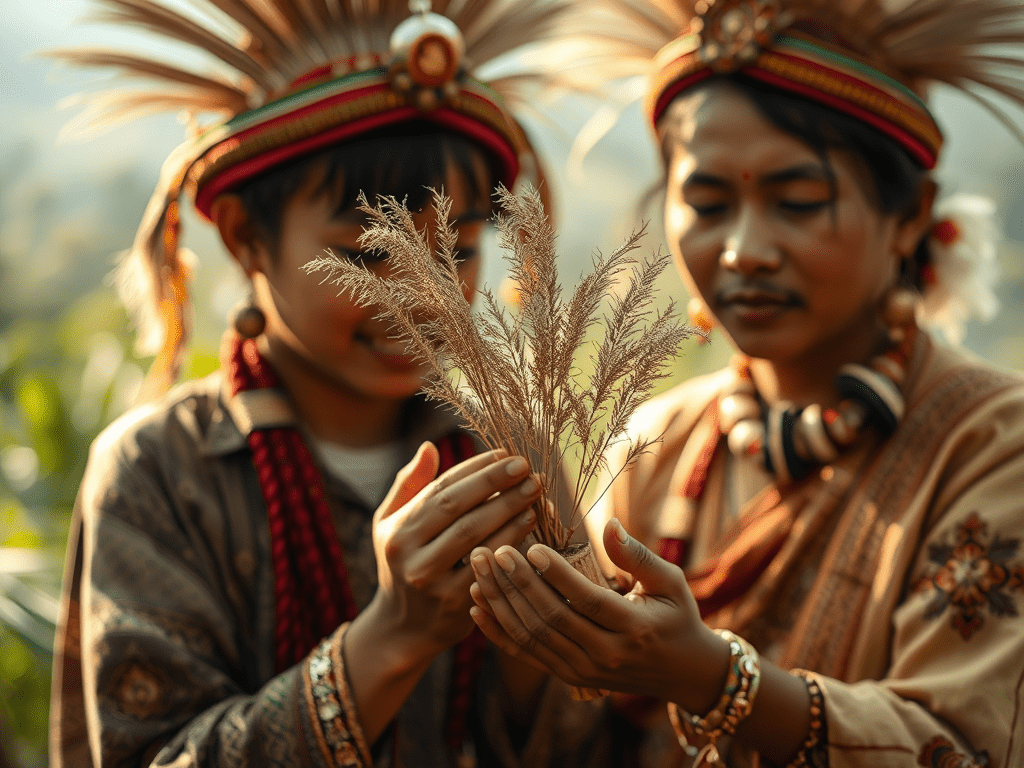 Indigenous people examining a grain, evoking: Ostara, Spring Equinox, Spring Traditions, Global Traditions, and Rituals of Renewal 