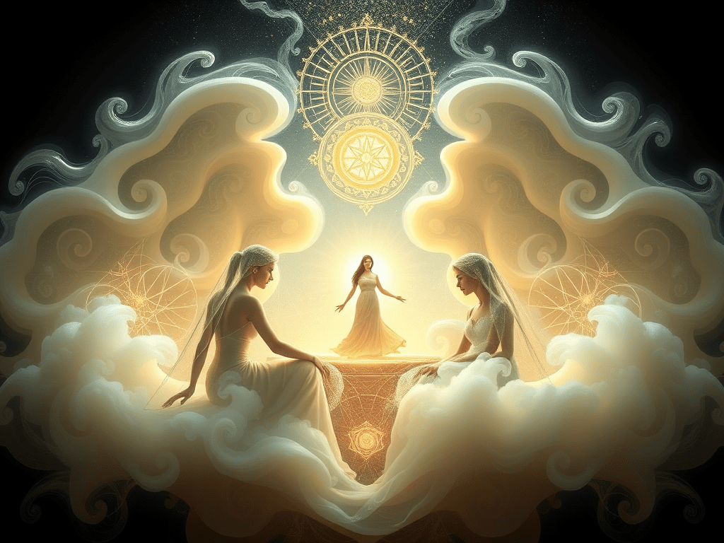 An ethereal and cosmic space filled with pensive figures—illustrating the themes of the eighth astrological house