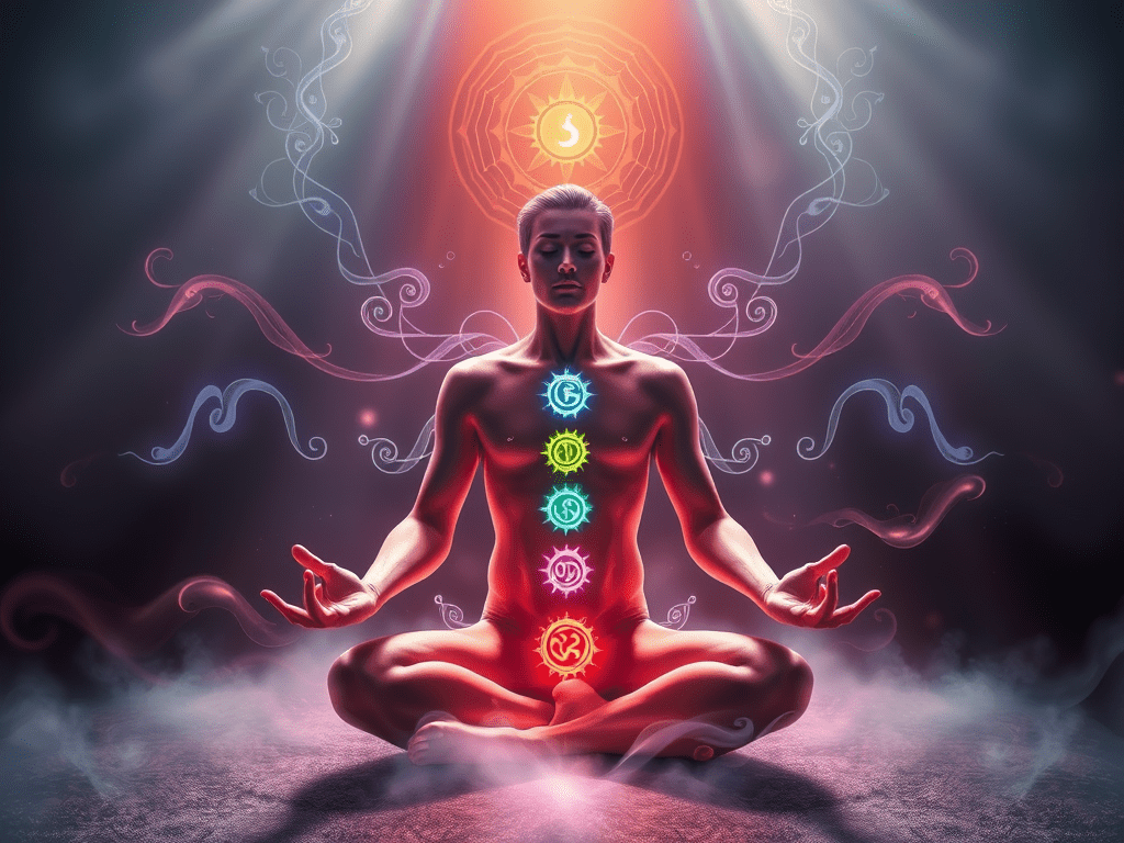 A person sits in a meditative posture while energy swirls around them and chakra points are illuminated.