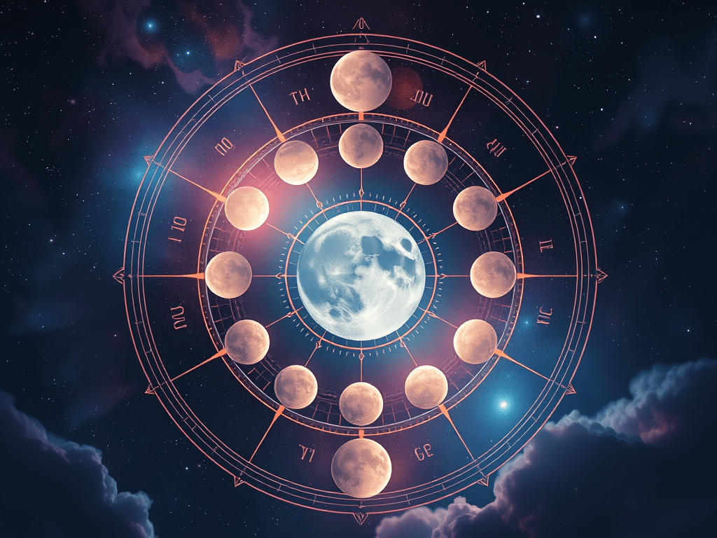 The moon in a cosmic chart; evoking: astrology, planetary transits, zodiac signs, birth chart, and moon phases