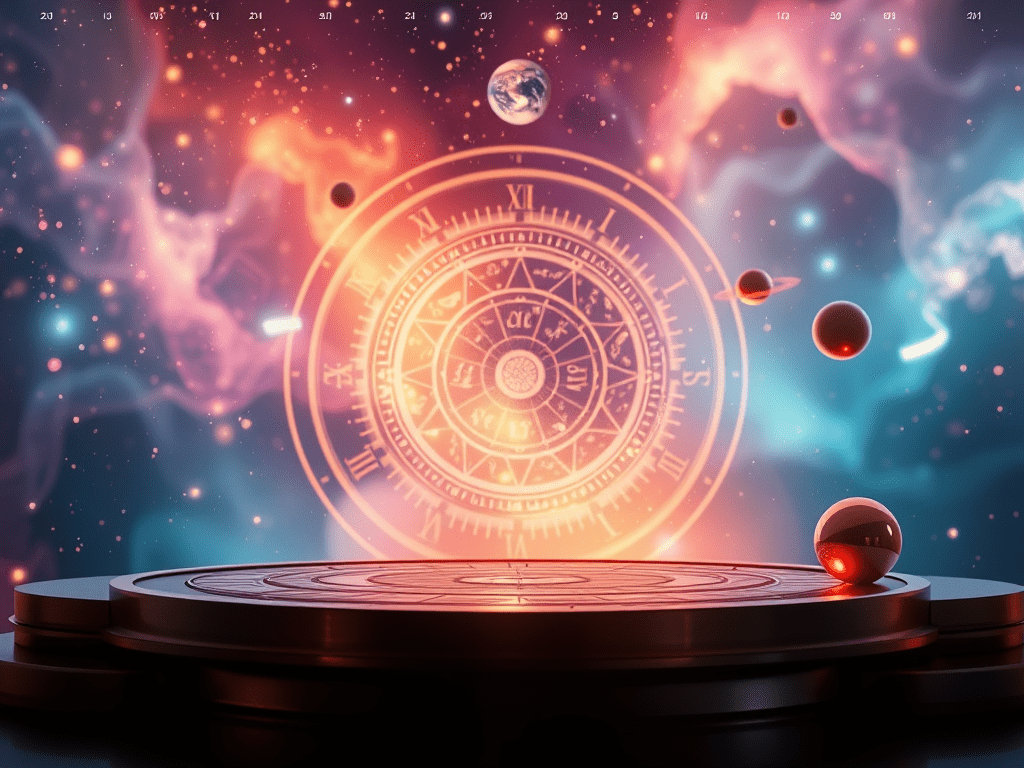 Planets hover within a comic hologram, evoking: astrology, natal chart, aspects, transits, and returns