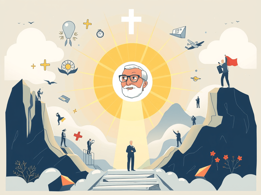 A man stands atop an accomplished climb, with symbols of his achievements surrounding him—indicating themes of the tenth astrological house