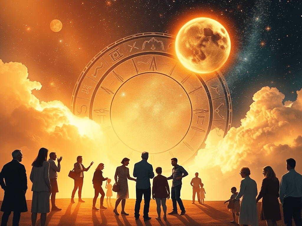 A chart appears in a cosmic sky as a community gathers below—showcasing the themes of astrology's eleventh house