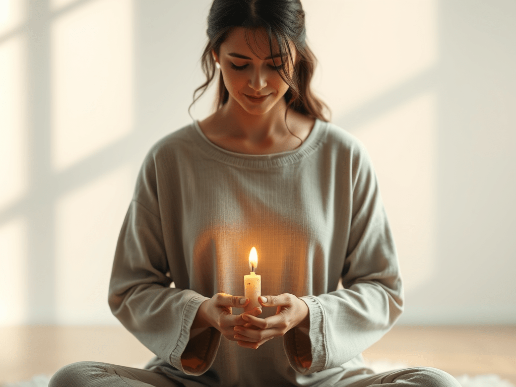 A woman sits in a meditative posture, holding a lit candle