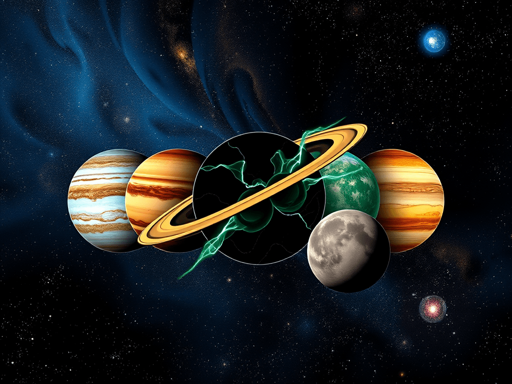 Cosmic and planetary imagry, evoking: astrology, natal chart, aspects, transits, and returns