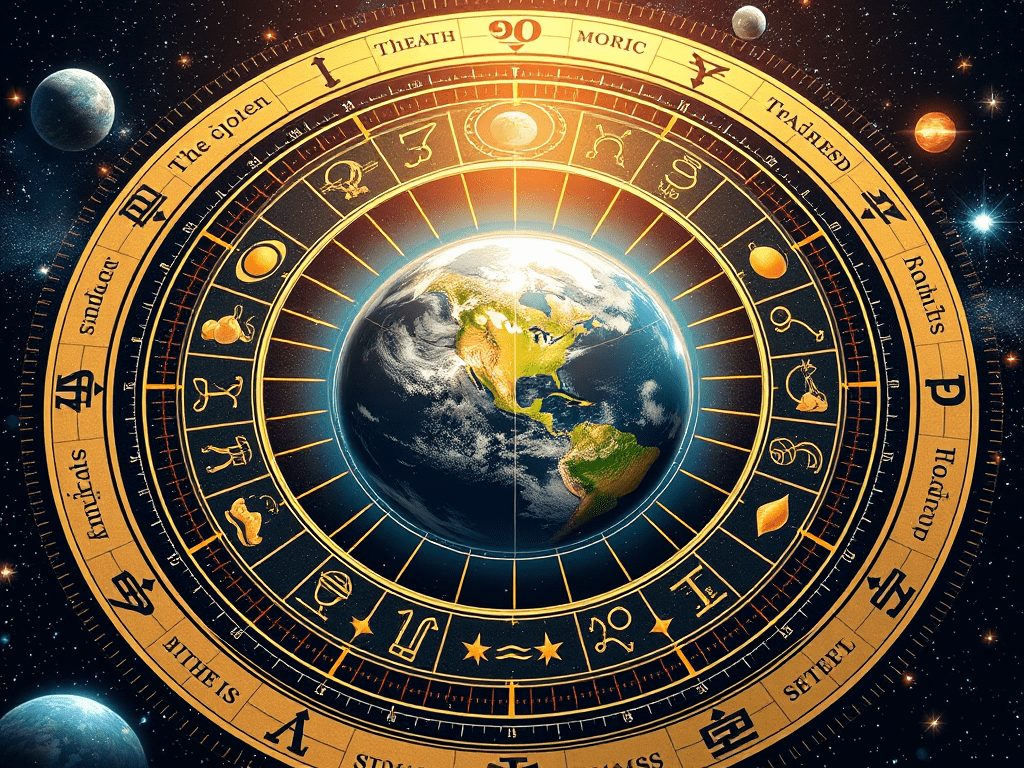 Earth at the center of a cosmic wheel full of strange symbols