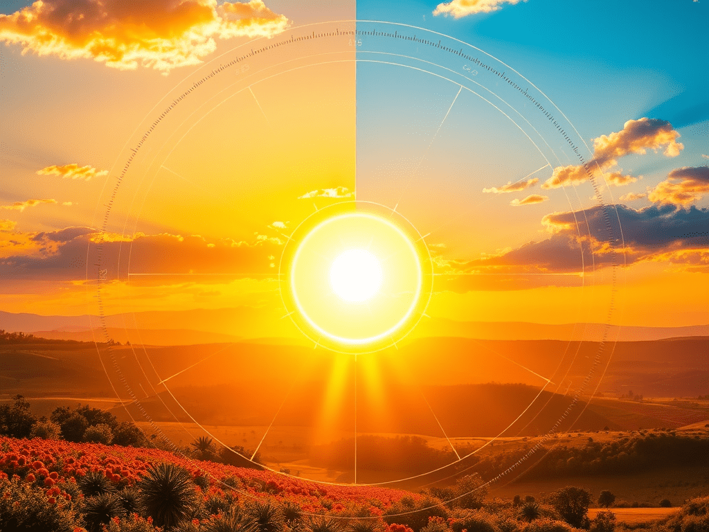 The sun shines at the center of a faint chart and a split landscape, hinting at seasonal shifts; evoking: astrology, planetary transits, zodiac signs, birth chart, and moon phases