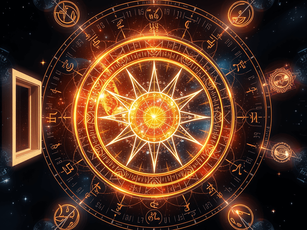 A bright, cosmic chart with an open door at one end, evoking: astrology, natal chart, aspects, transits, and returns