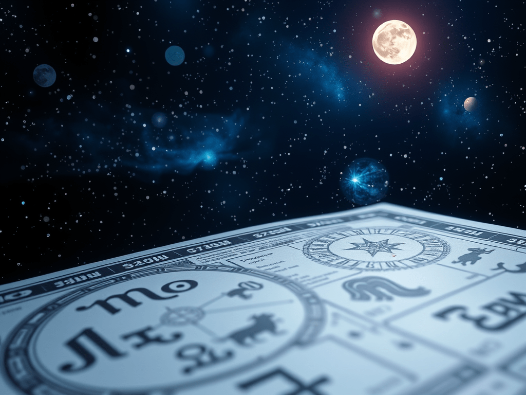 An ancient looking astrology text hovers before a night sky, illuminated by the moon; evoking: astrology, planetary transits, zodiac signs, birth chart, and moon phases