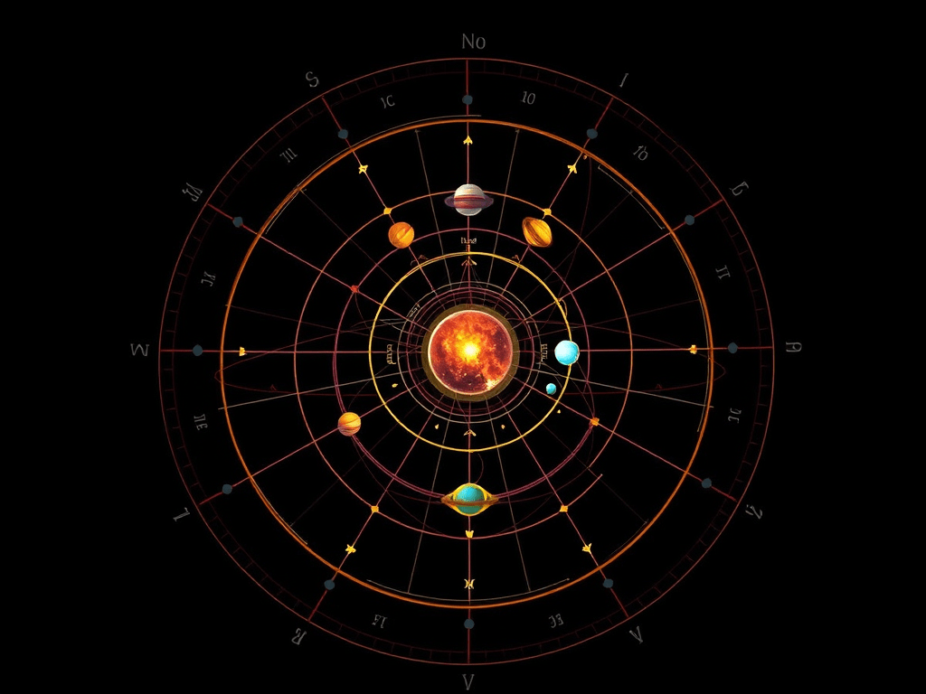 Planets around a central sun, evoking: astrology, natal chart, aspects, transits, and returns