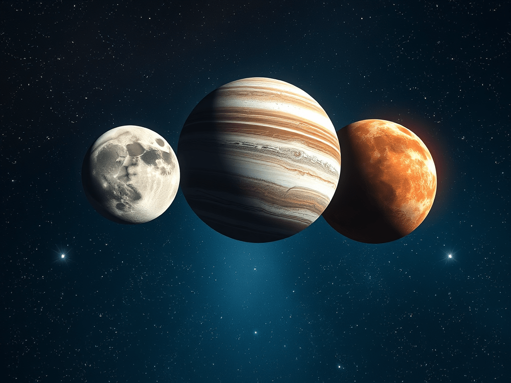 The moon, Jupiter, and mars in a cosmic scene; evoking: astrology, planetary transits, zodiac signs, birth chart, and moon phases