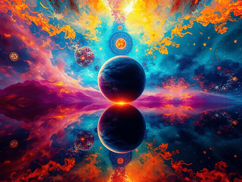 A planet and its reflection in a cosmic pool, evoking: astrology, natal chart, aspects, transits, and returns