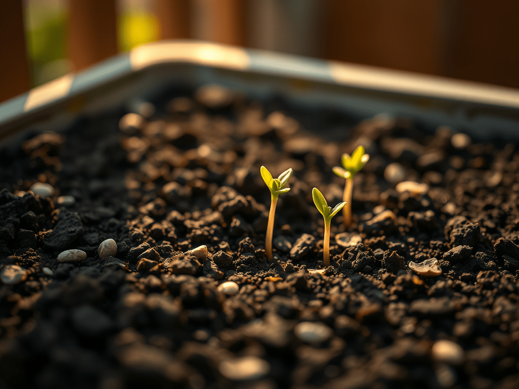 Spring seedlings sprouting in soil, evoking: Ostara, Spring Equinox, seed bombs, spring craft, and pollinator seed bombs