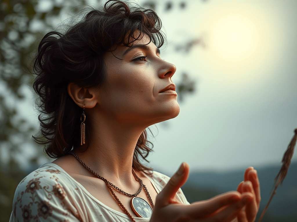 Woman attuning to nature; evoking: astrology, planetary transits, zodiac signs, birth chart, and moon phases