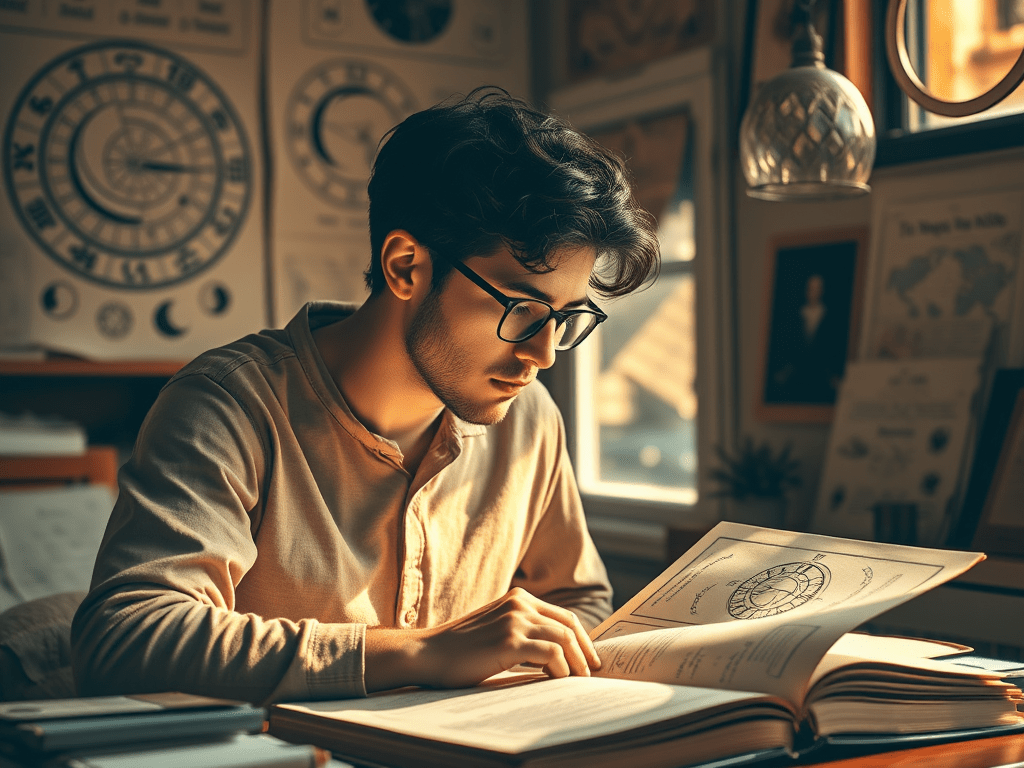 Astrology student deep in study; evoking: astrology, planetary transits, zodiac signs, birth chart, and moon phases