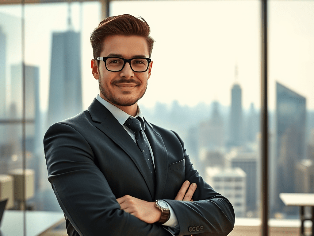 A business man stands smiling in front of an office window—showcasing the themes of the tenth astrological house