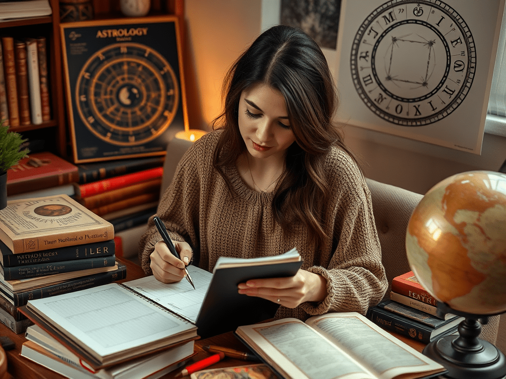 A woman at a dest taking notes amongst astrological texts and charts