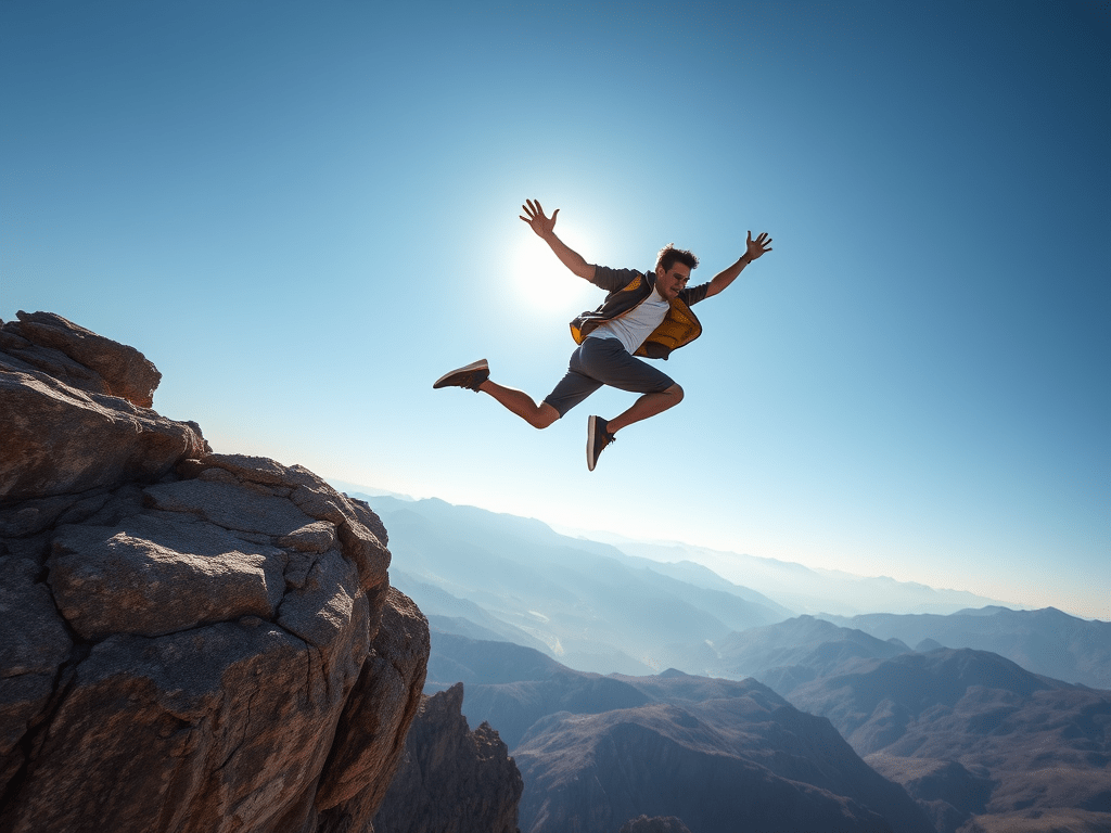 Man leaps off a cliff boldly