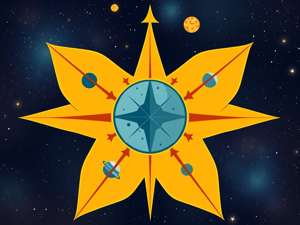 A flower-like image blosoms in space like a compass—inviting curiousity about the astrological houses