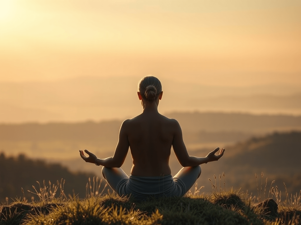 Woman sits in meditation, looking out over a hazy, natural landscape—inviting readers to consider themes of spiritual growth and authentic living.