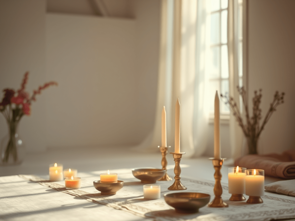 Candles and ritual items arranged on a mat in a light and airy room