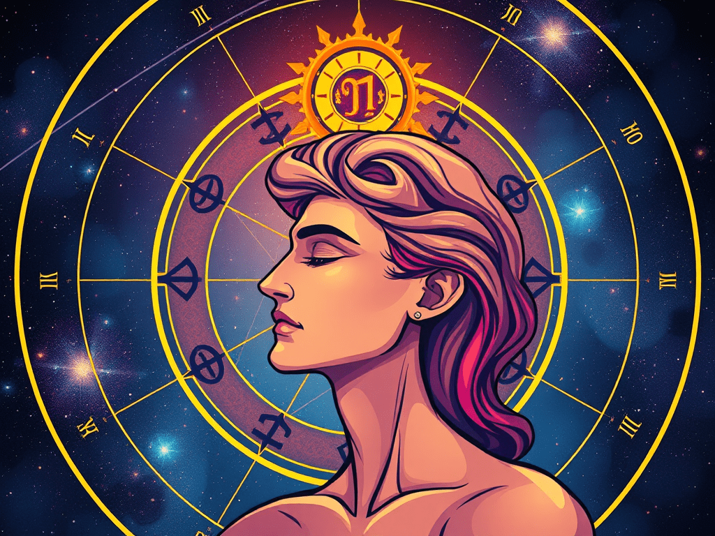 Illustration of a suave young man in front of a cosmic chart—illustrating the themes of astrology's first house